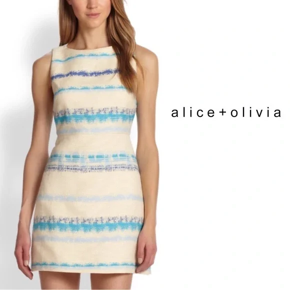 Alice + Olivia 2 Mini Dress Cream Blue Stripes Sleeveless Cut Out XS Everleigh - Picture 3 of 10